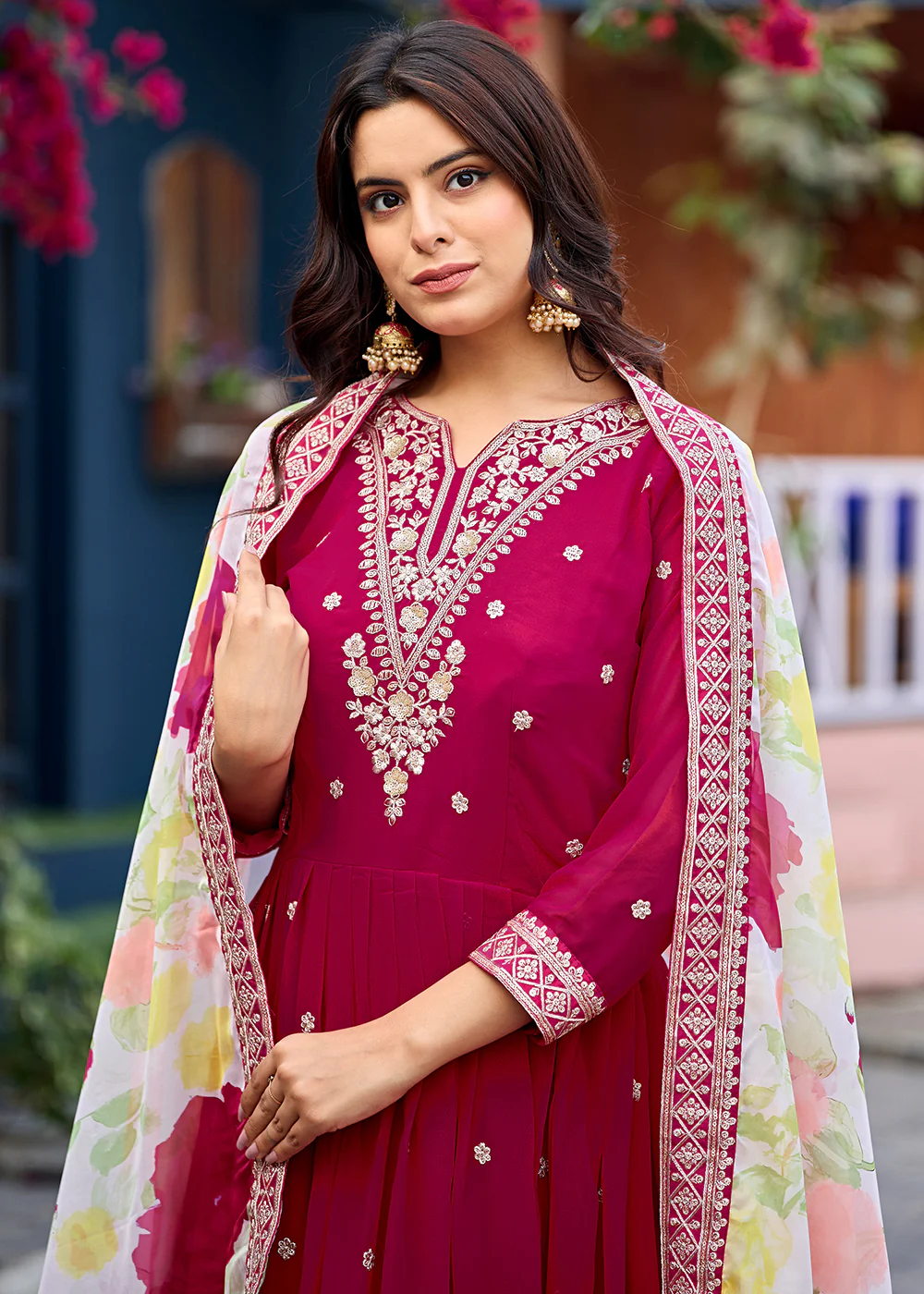 Function Style Pink Faux Georgette Embroidered Anarkali Gown - Image 2