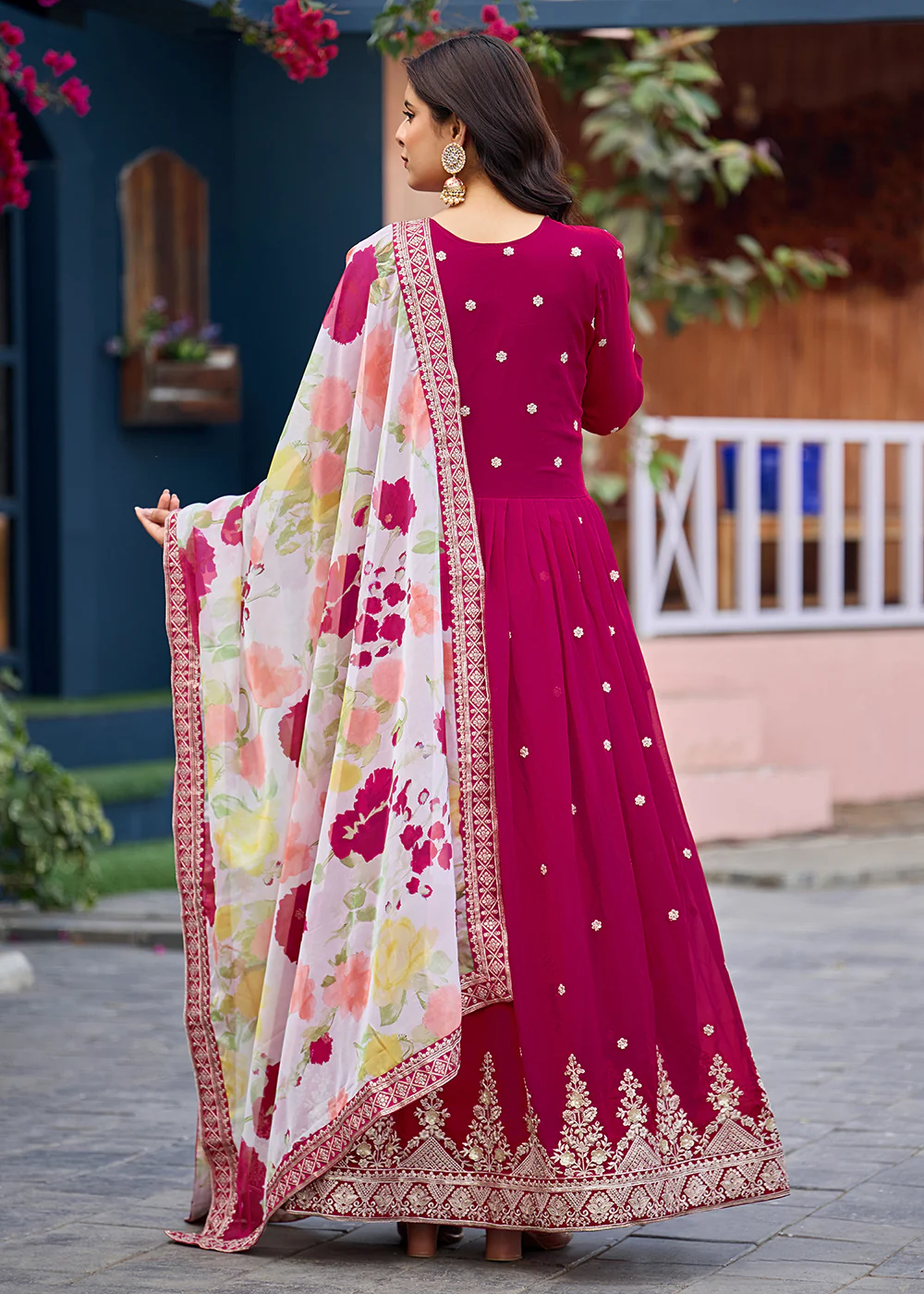 Function Style Pink Faux Georgette Embroidered Anarkali Gown - Image 3