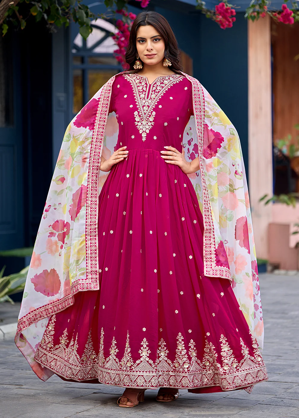 Function Style Pink Faux Georgette Embroidered Anarkali Gown - Image 4