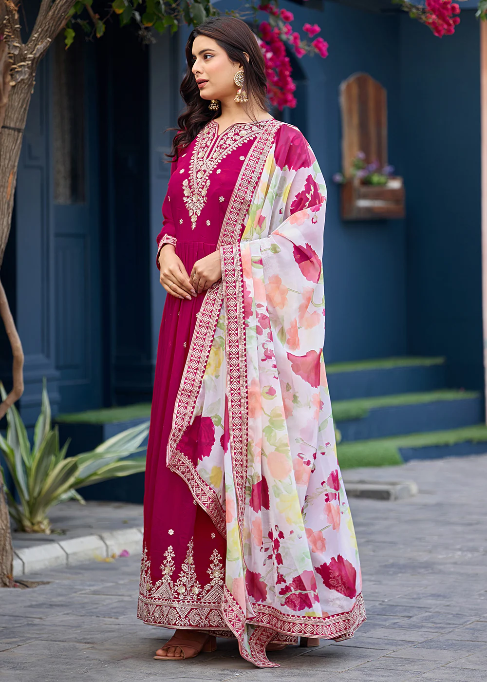 Function Style Pink Faux Georgette Embroidered Anarkali Gown - Image 5