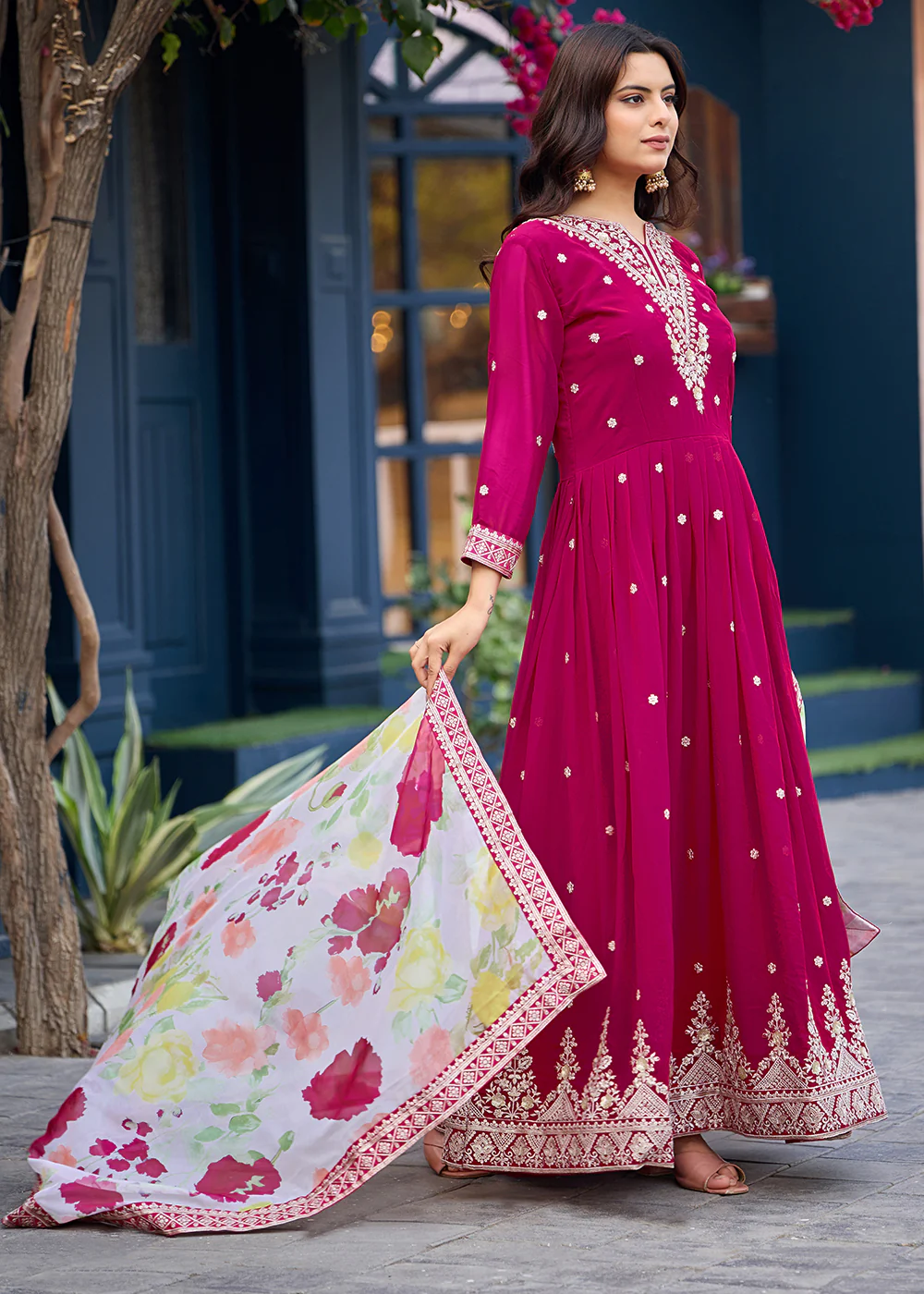 Function Style Pink Faux Georgette Embroidered Anarkali Gown - Image 6