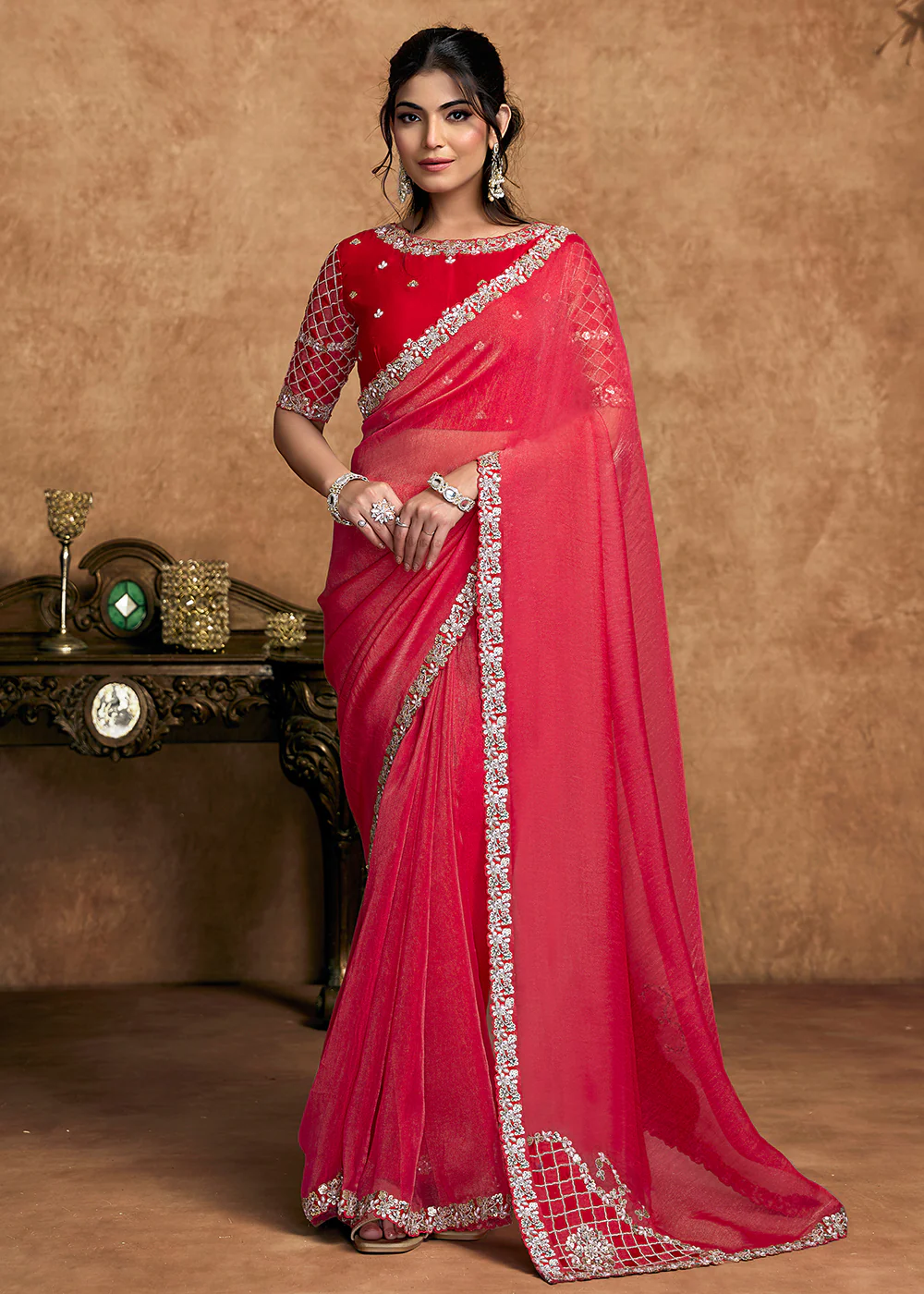 Gajari Pink Embroidered Wedding Festive Wear Saree