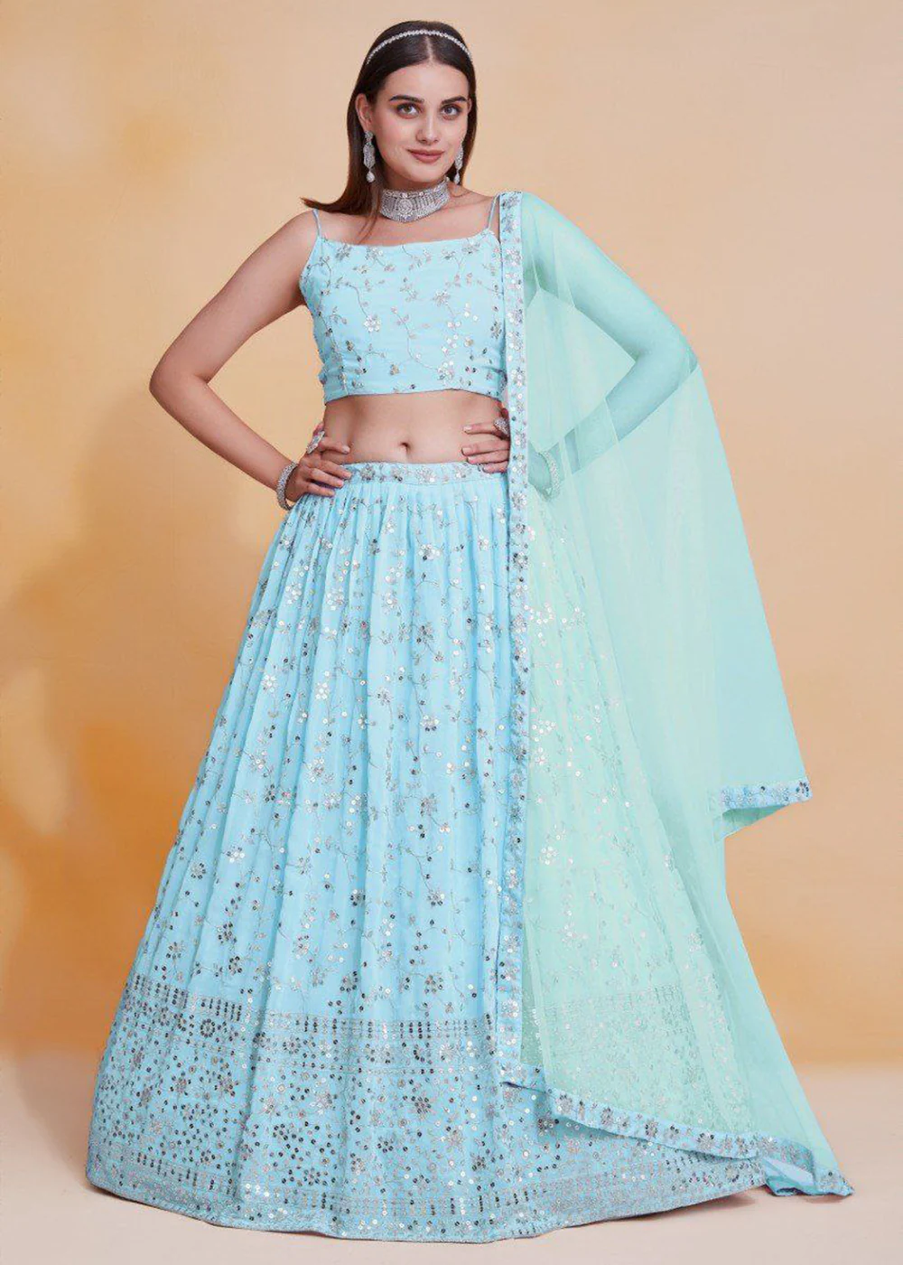 Georgette Blue Zari Sequins Sangeet Lehenga Choli