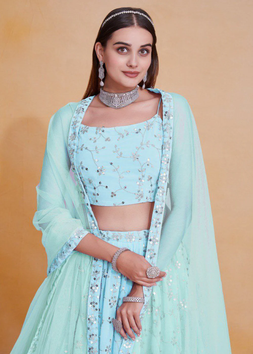 Georgette Blue Zari Sequins Sangeet Lehenga Choli - Image 2