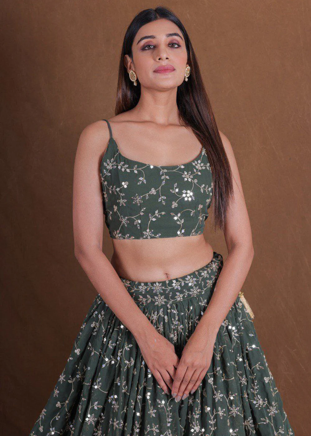 Georgette Green Zari Sequins Mehndi Lehenga Choli - Image 2