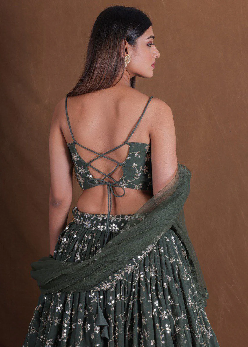 Georgette Green Zari Sequins Mehndi Lehenga Choli - Image 3