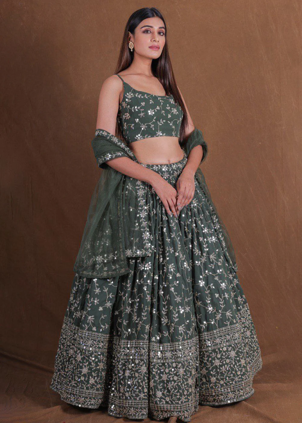 Georgette Green Zari Sequins Mehndi Lehenga Choli - Image 4