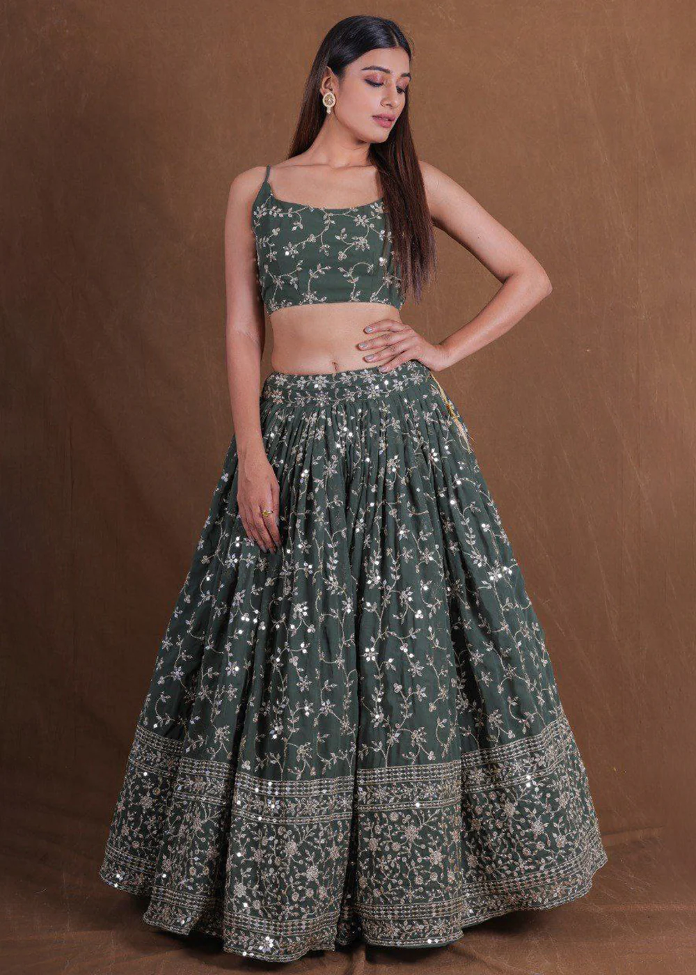 Georgette Green Zari Sequins Mehndi Lehenga Choli - Image 5