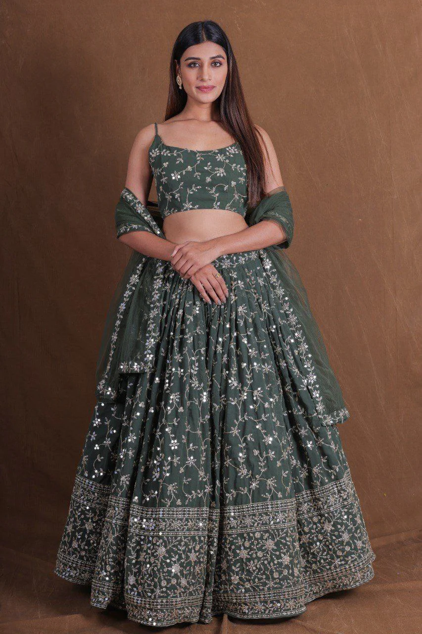 Georgette Green Zari Sequins Mehndi Lehenga Choli - Image 6