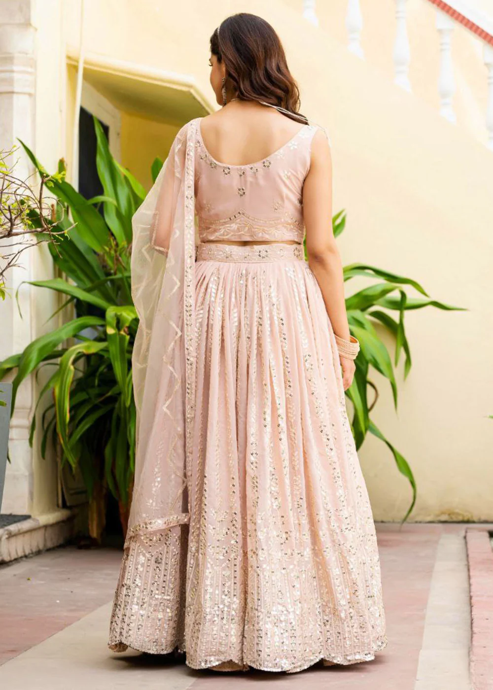 Georgette Peach Zari Sequins Sangeet Lehenga Choli - Image 2