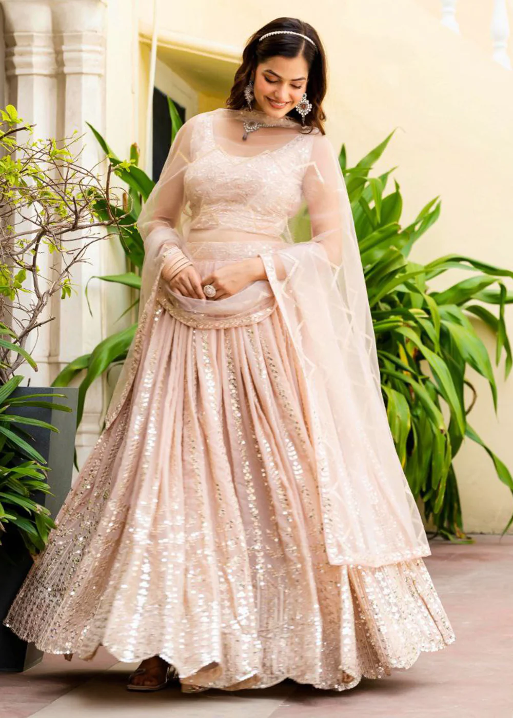 Georgette Peach Zari Sequins Sangeet Lehenga Choli - Image 3