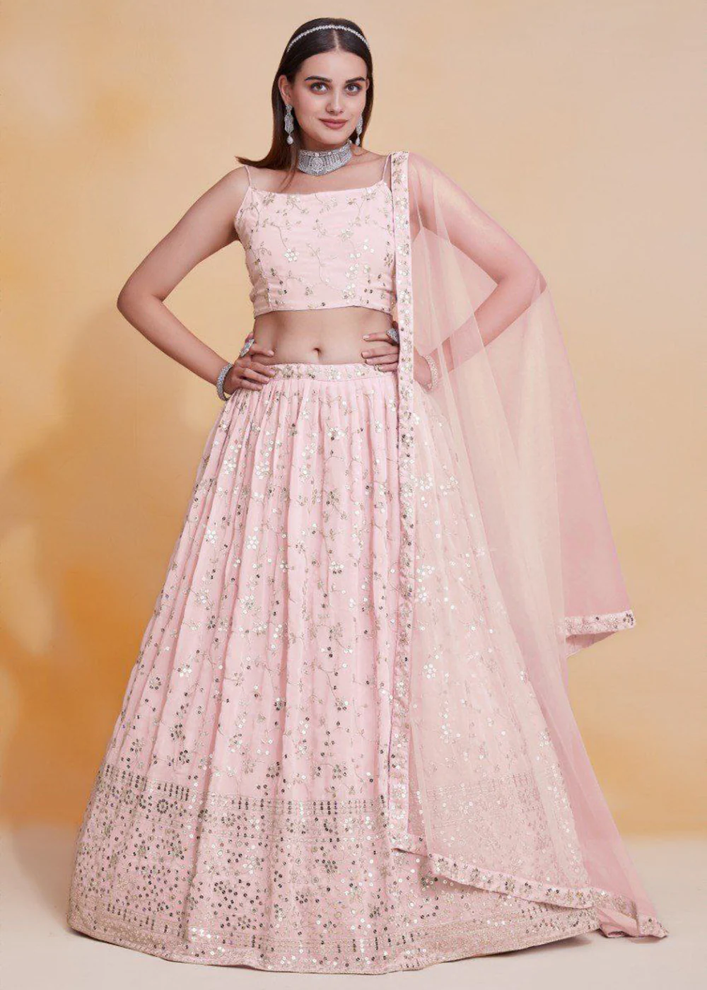 Georgette Pink Zari Sequins Sangeet Lehenga Choli