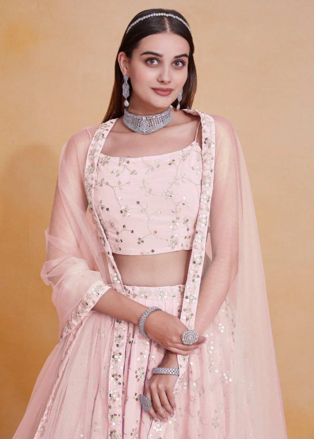 Georgette Pink Zari Sequins Sangeet Lehenga Choli - Image 2