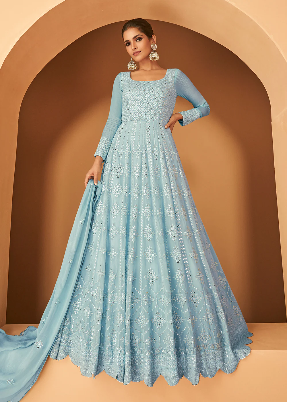 Georgette Aqua Blue Embroidered Designer Wedding Gown