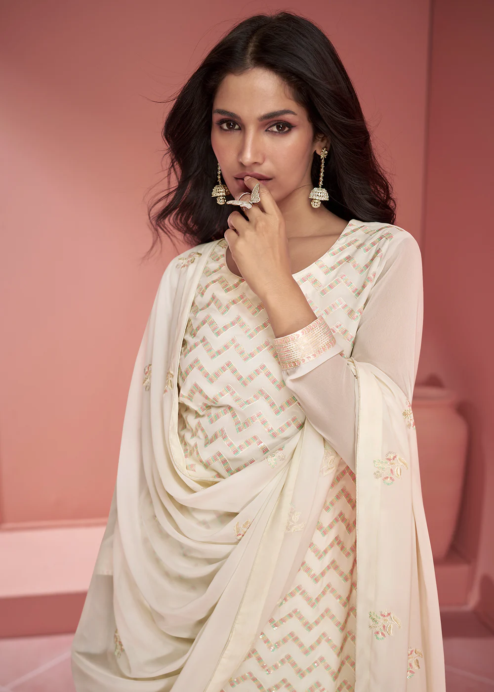 Georgette Attractive Off White Embroidered Palazzo Suit - Image 2