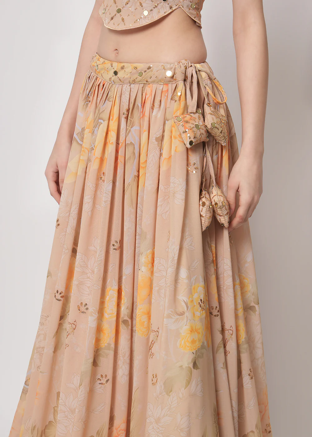 Georgette Beige Sequins & Printed Wedding Party Lehenga Choli - Image 4