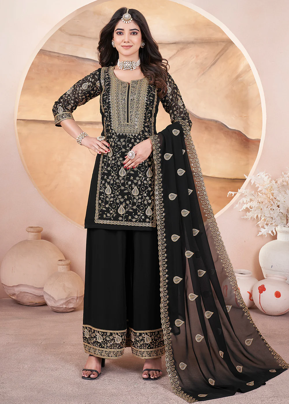 Georgette Black Sequins Embroidered Festive Palazzo Suit