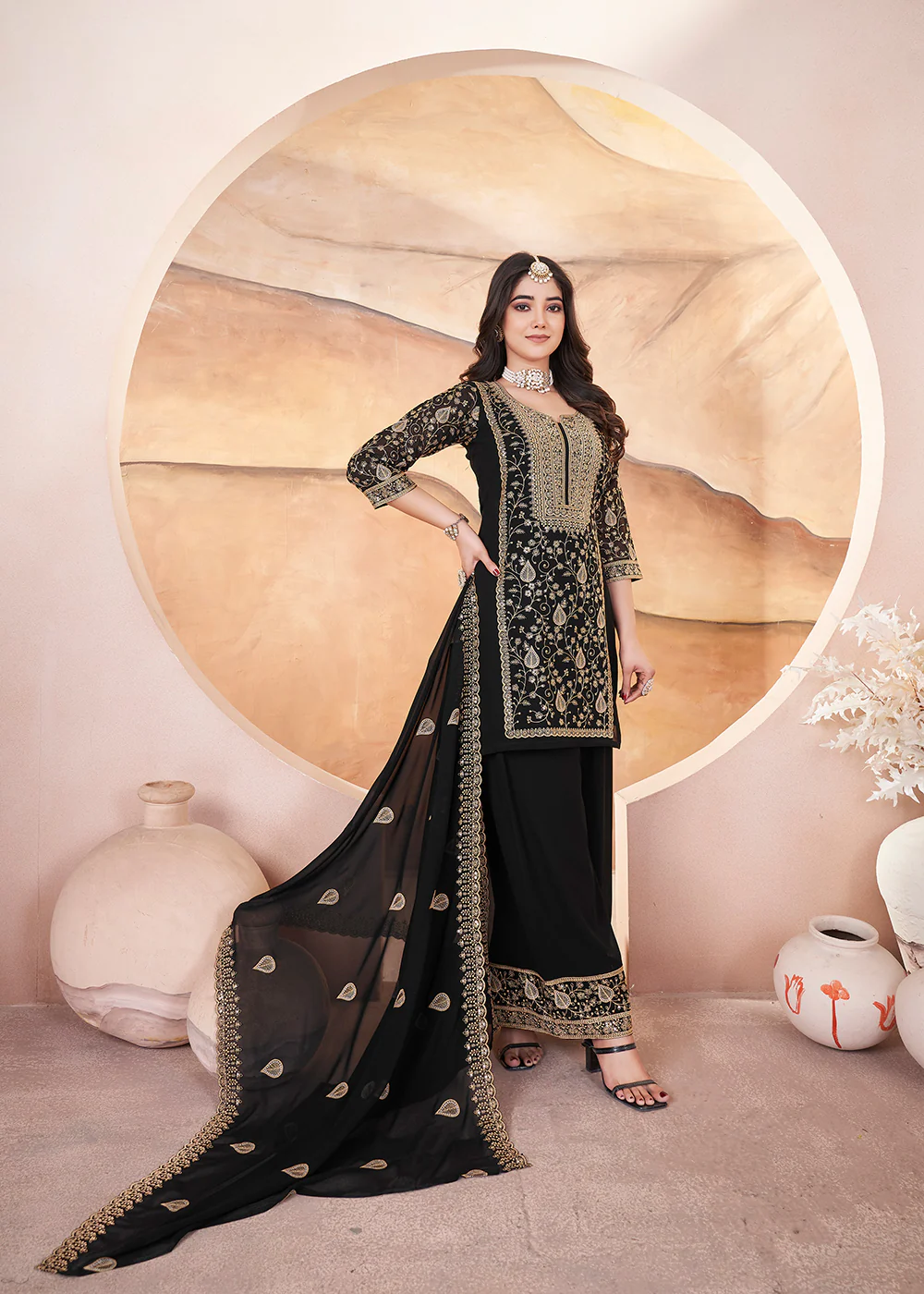Georgette Black Sequins Embroidered Festive Palazzo Suit - Image 4