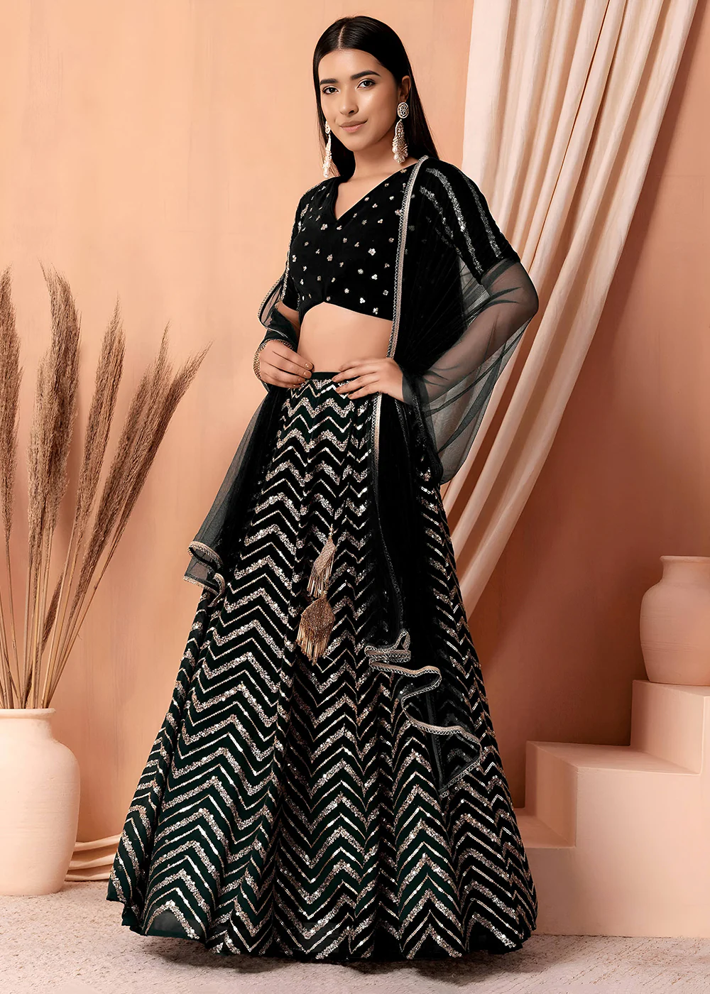 Georgette Black Zari & Sequins Wedding Festive Lehenga Choli