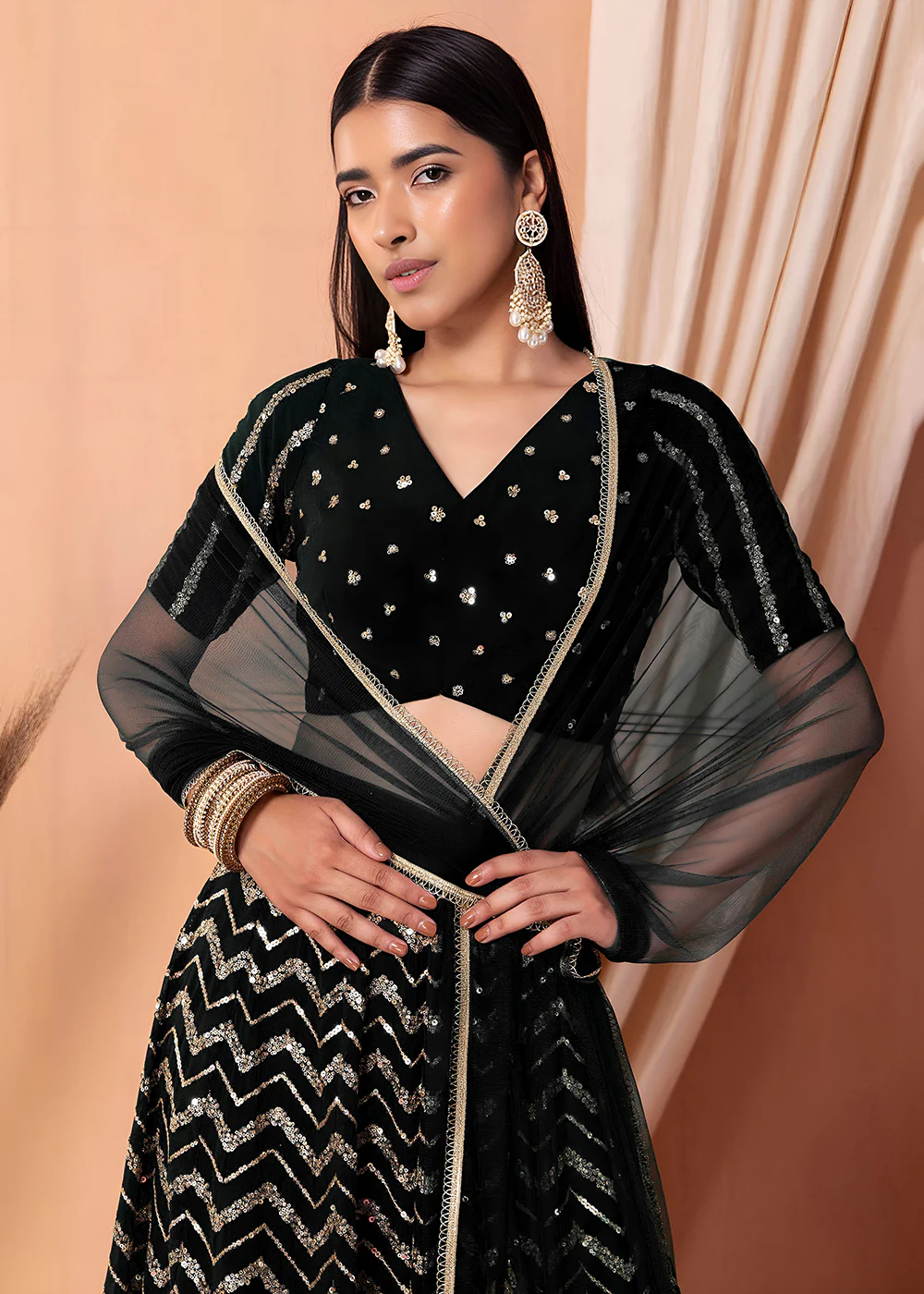 Georgette Black Zari & Sequins Wedding Festive Lehenga Choli - Image 2