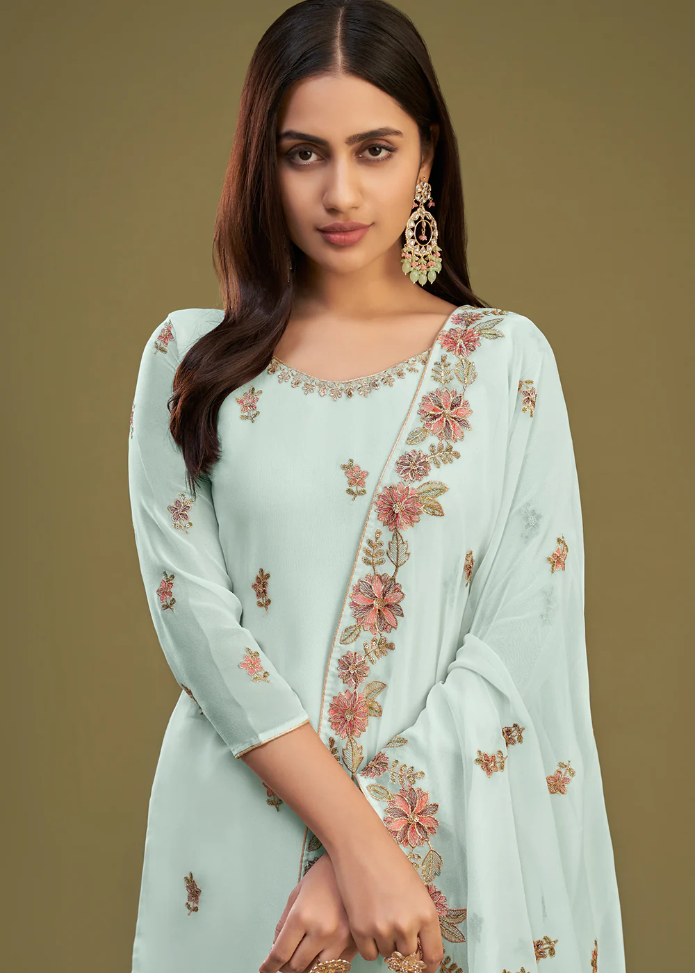 Georgette Blue Multi Thread Embroidered Gharara Suit - Image 2