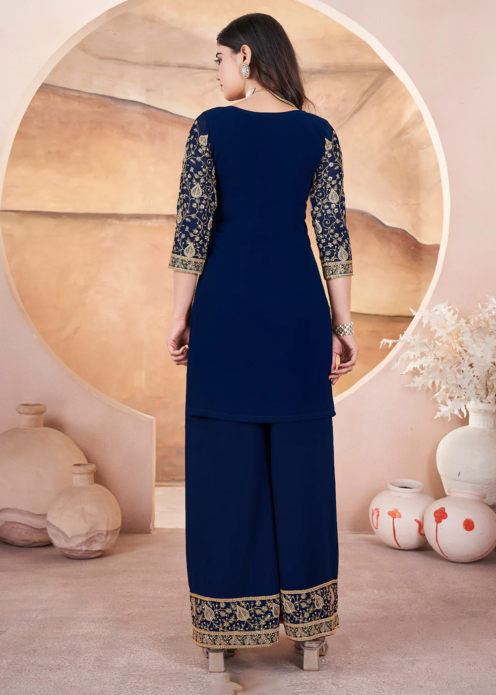 Georgette Blue Sequins Embroidered Festive Palazzo Suit - Image 3
