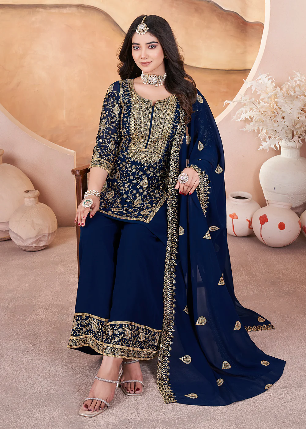 Georgette Blue Sequins Embroidered Festive Palazzo Suit - Image 4