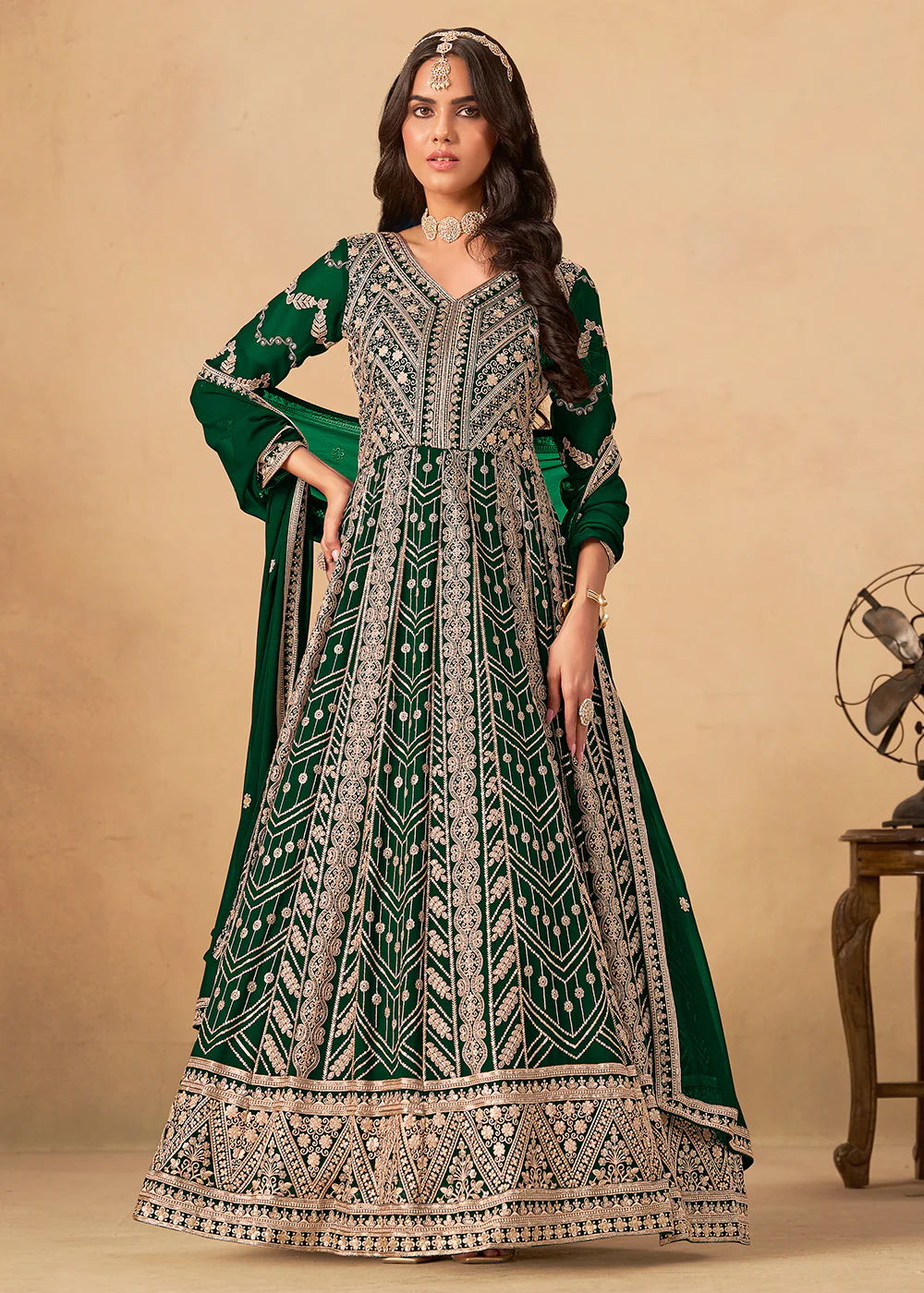 Georgette Bottle Green Embroidered Wedding Anarkali Suit
