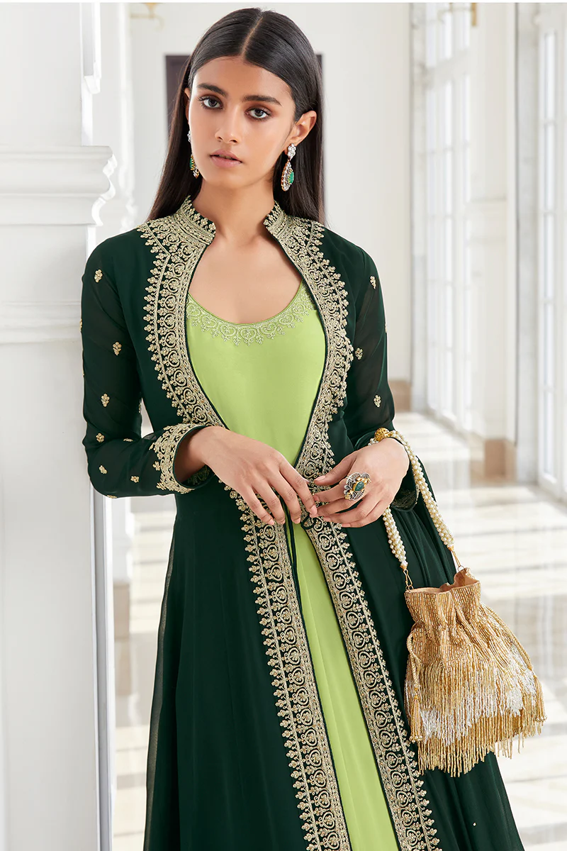 Georgette Captivating Green Jacket Style Anarkali Suit - Image 2