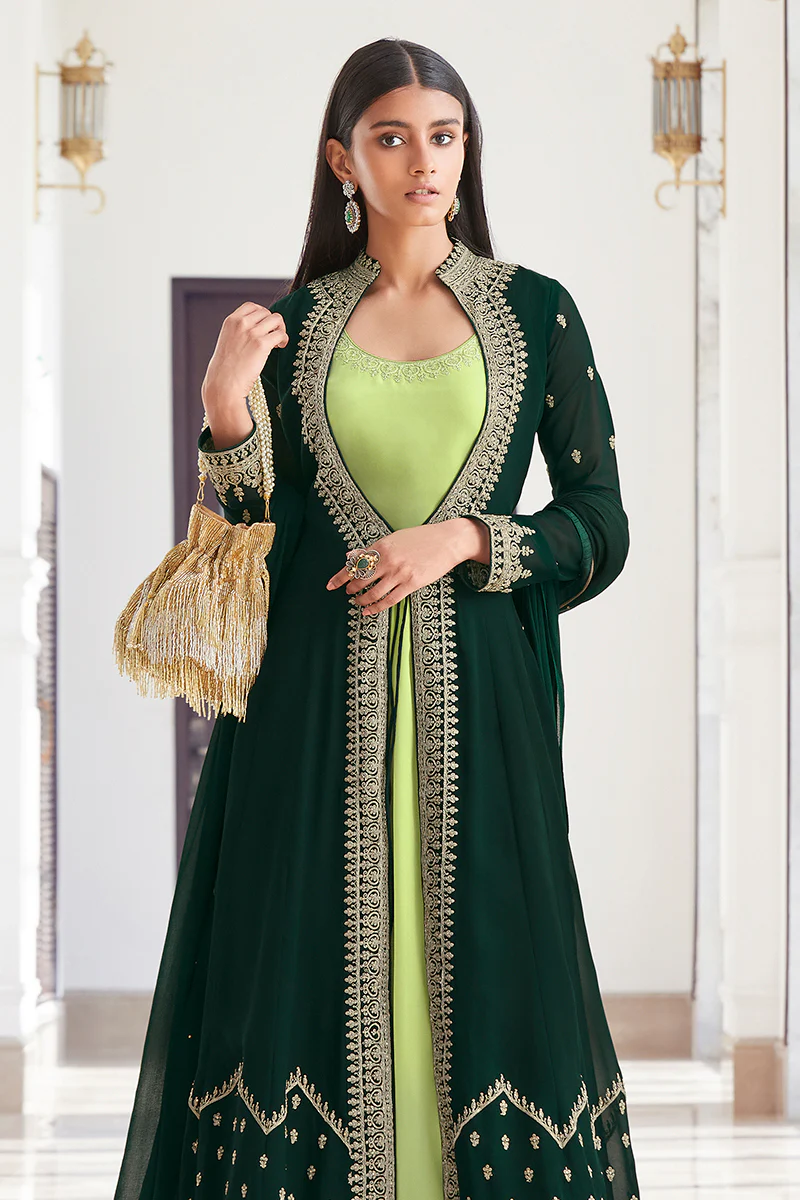 Georgette Captivating Green Jacket Style Anarkali Suit - Image 4