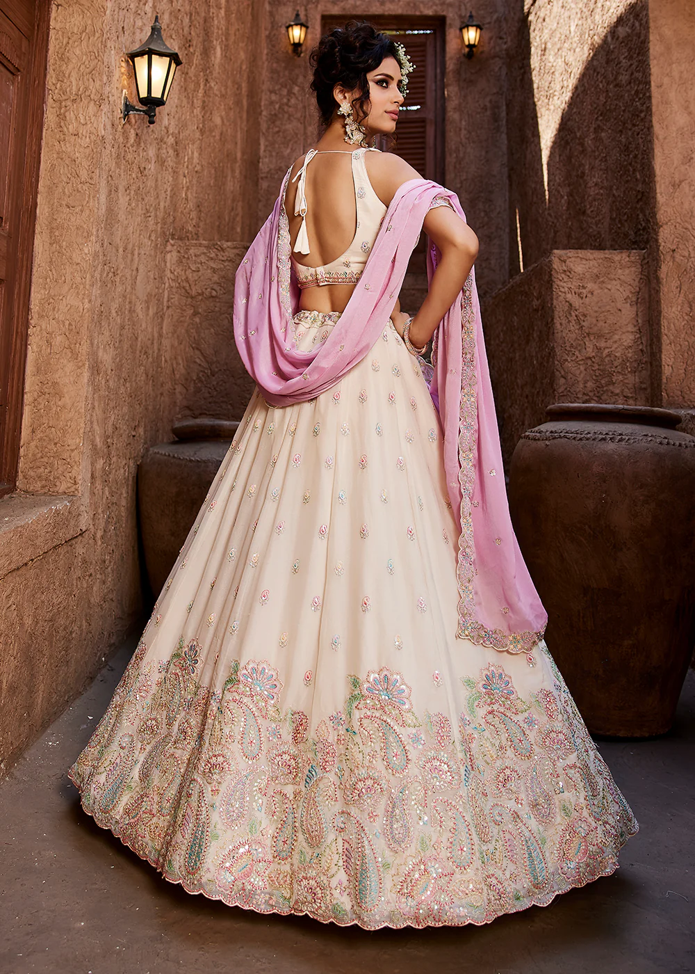 Georgette Cream Embroidered Wedding Wear Lehenga Choli - Image 3