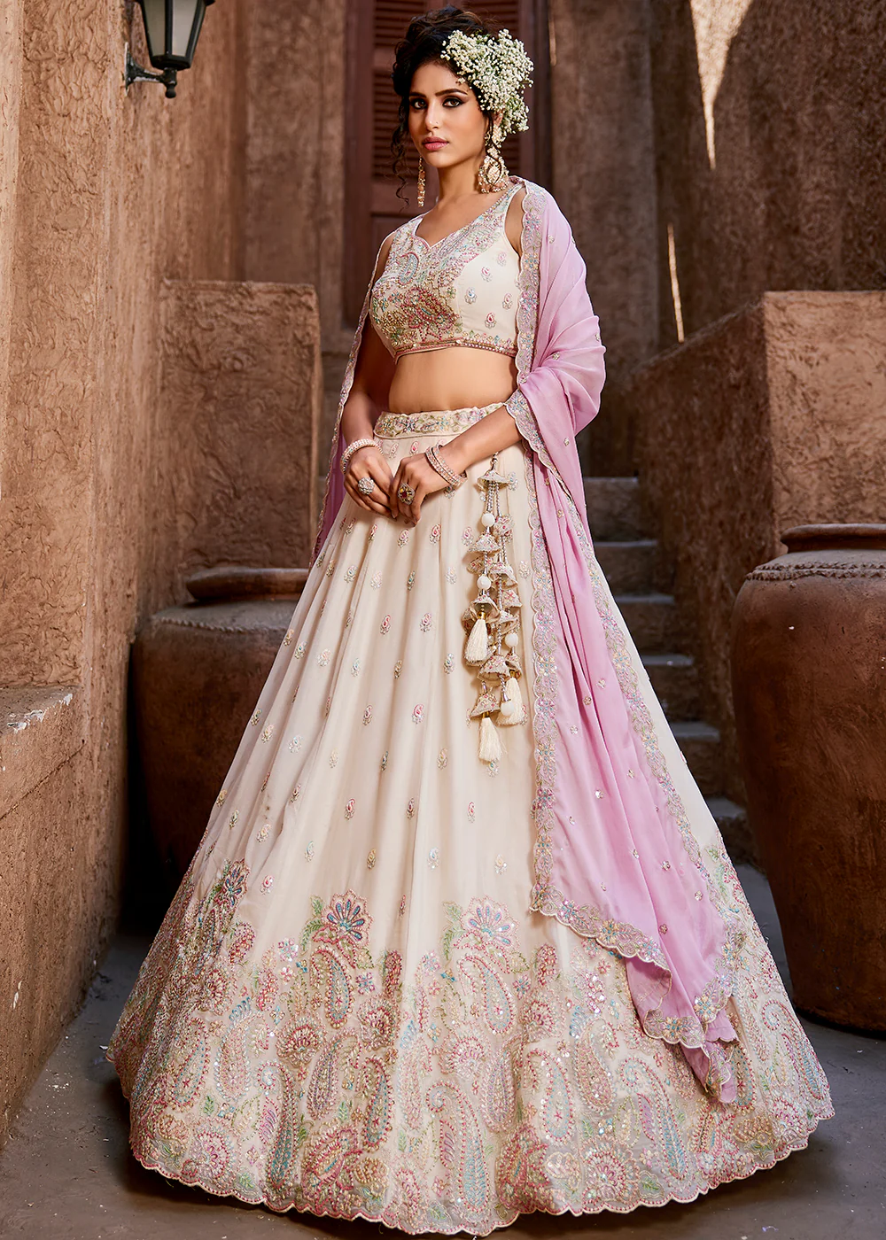 Georgette Cream Embroidered Wedding Wear Lehenga Choli - Image 4
