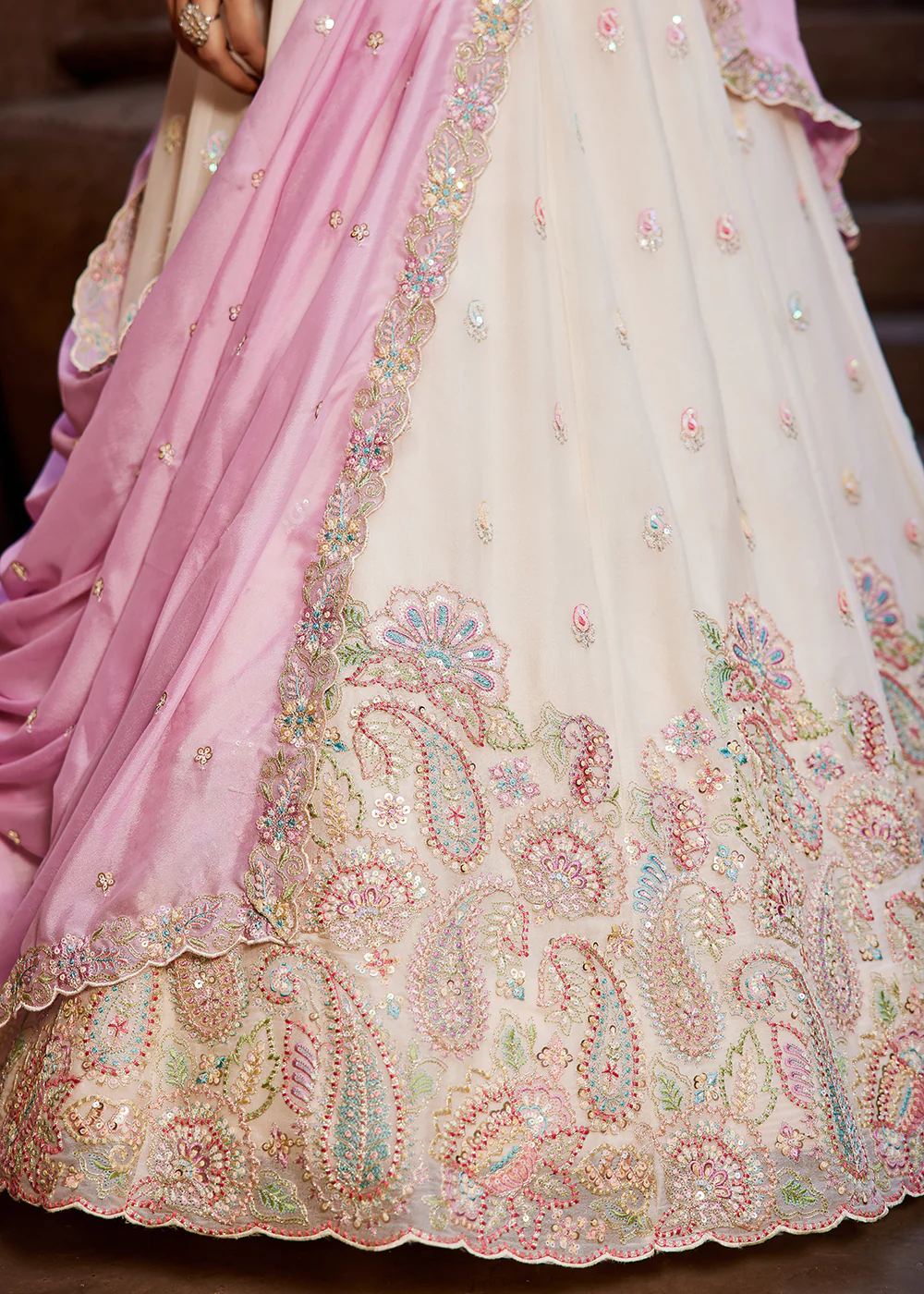 Georgette Cream Embroidered Wedding Wear Lehenga Choli - Image 7