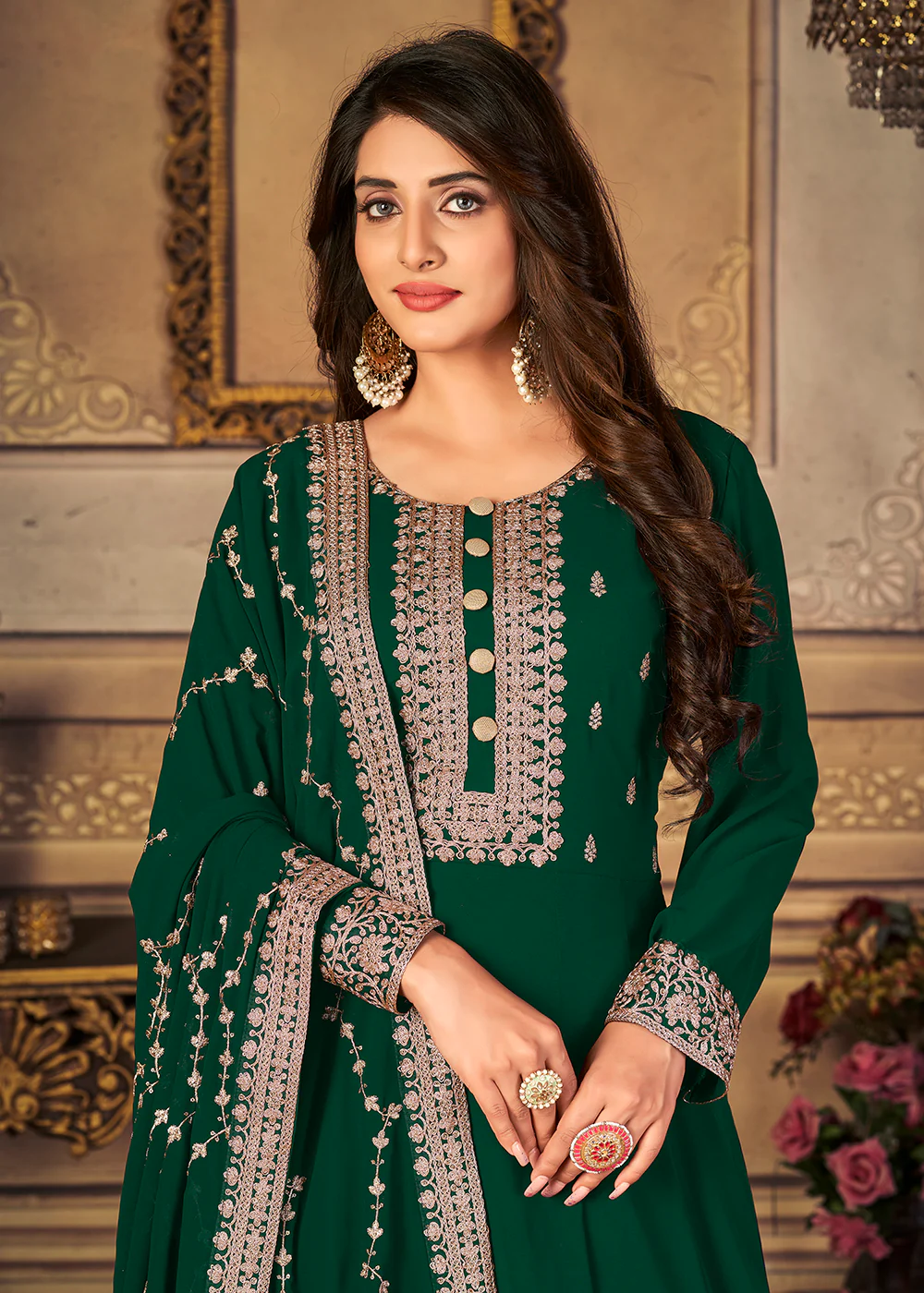 Georgette Dark Green Embellished Wedding Fest Anarkali Suit - Image 2