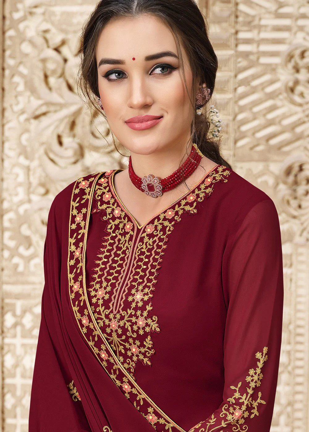 Georgette Deep Maroon Heavy Embroidered Palazzo Suit - Image 2