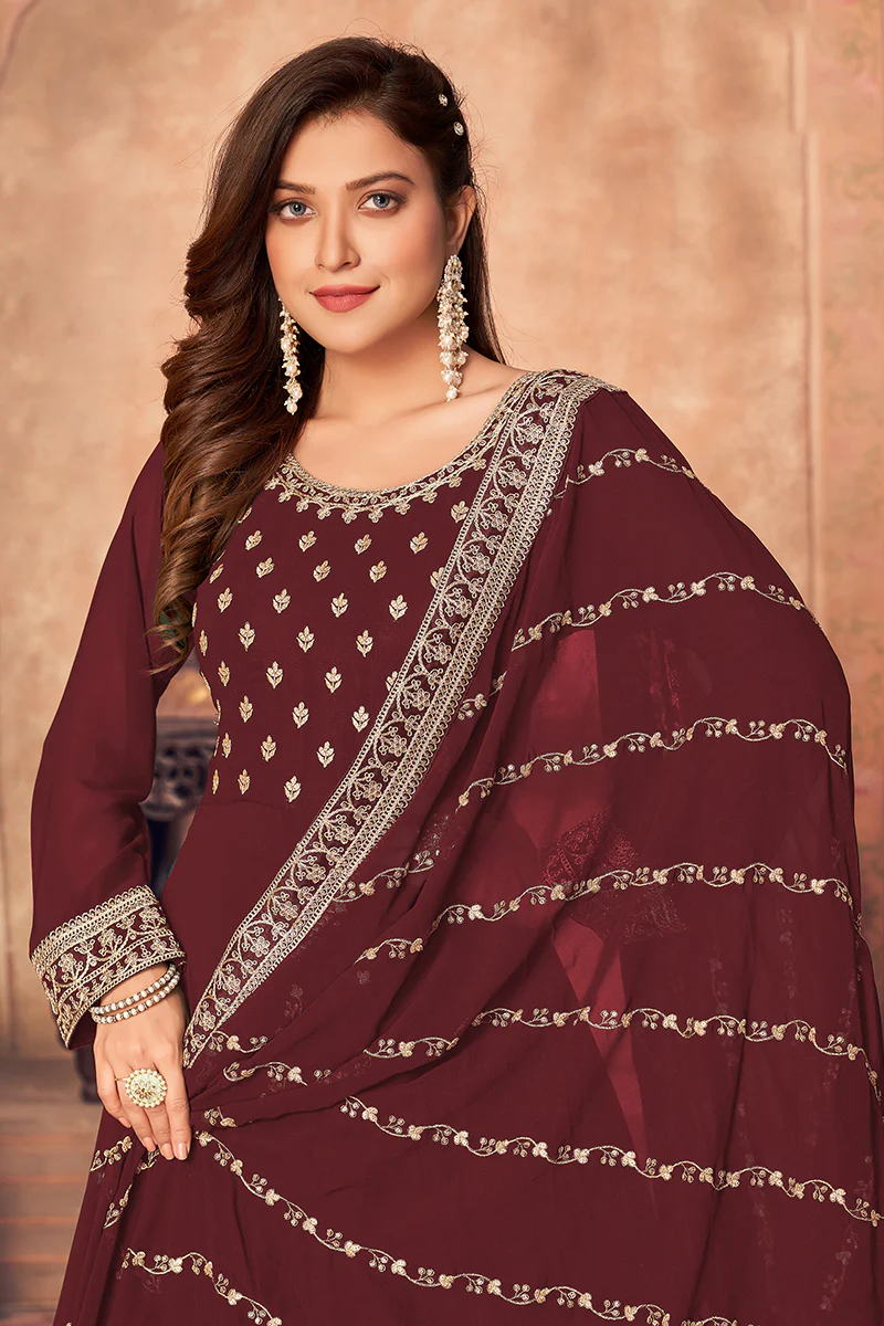 Georgette Designer Festival Anarkali Suit in Maroon - Image 2