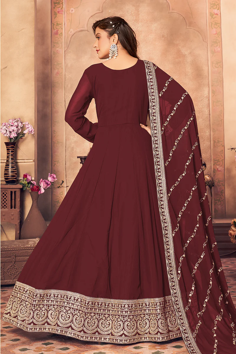 Georgette Designer Festival Anarkali Suit in Maroon - Image 3