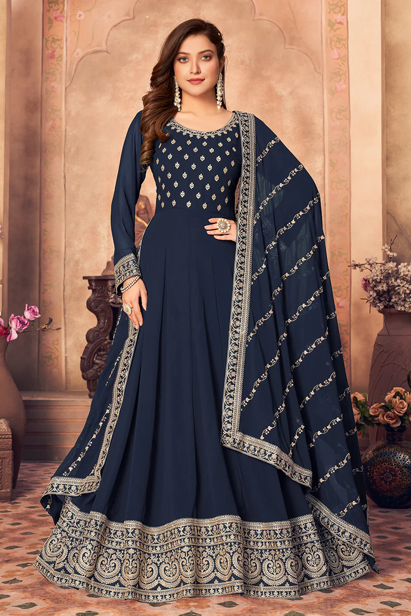 Georgette Designer Festival Anarkali Suit in Navy Blue