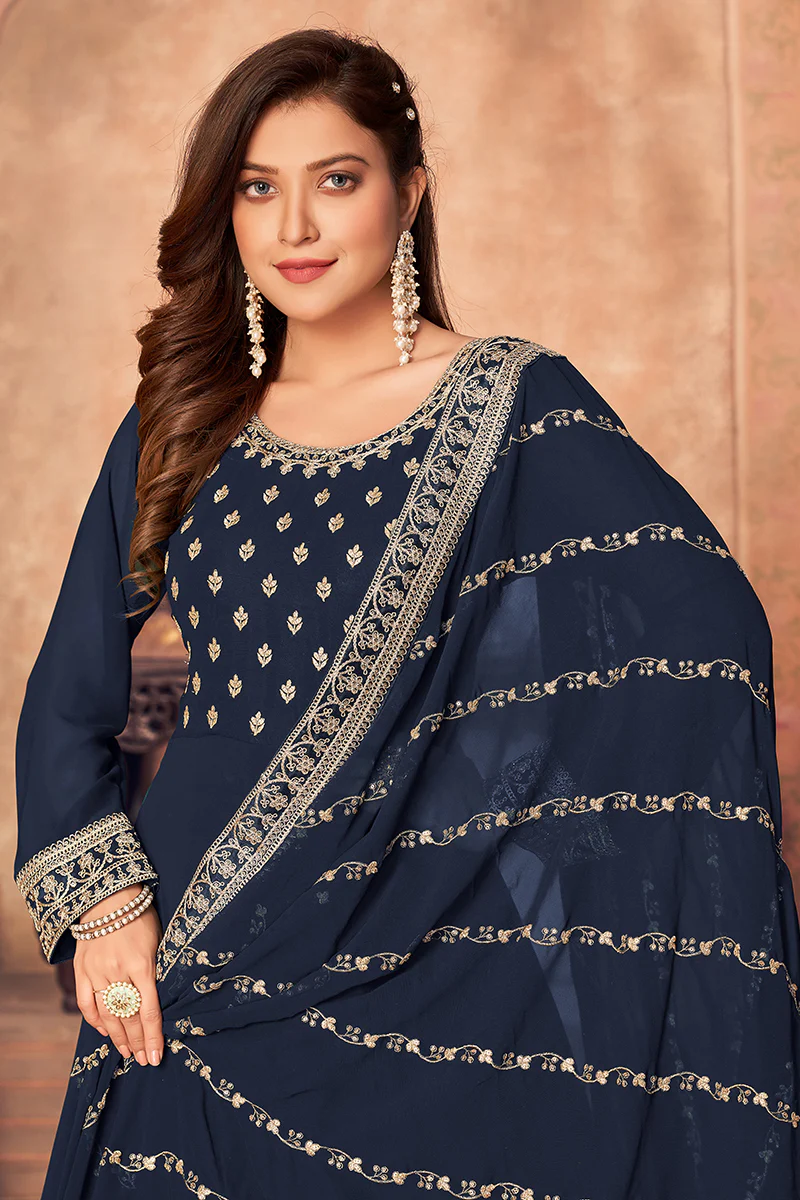 Georgette Designer Festival Anarkali Suit in Navy Blue - Image 2