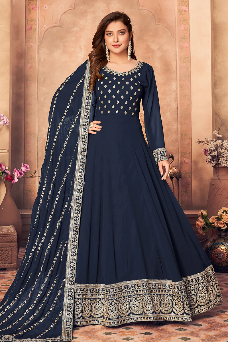 Georgette Designer Festival Anarkali Suit in Navy Blue - Image 4