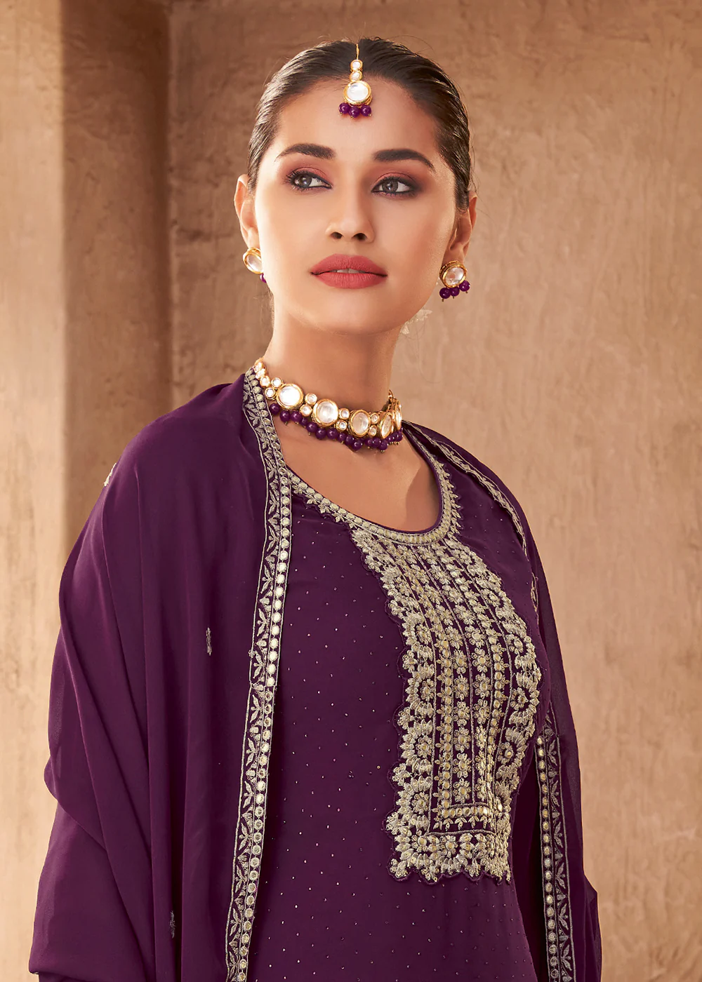 Georgette Designer Purple Embroidered Festive Palazzo Suit - Image 2