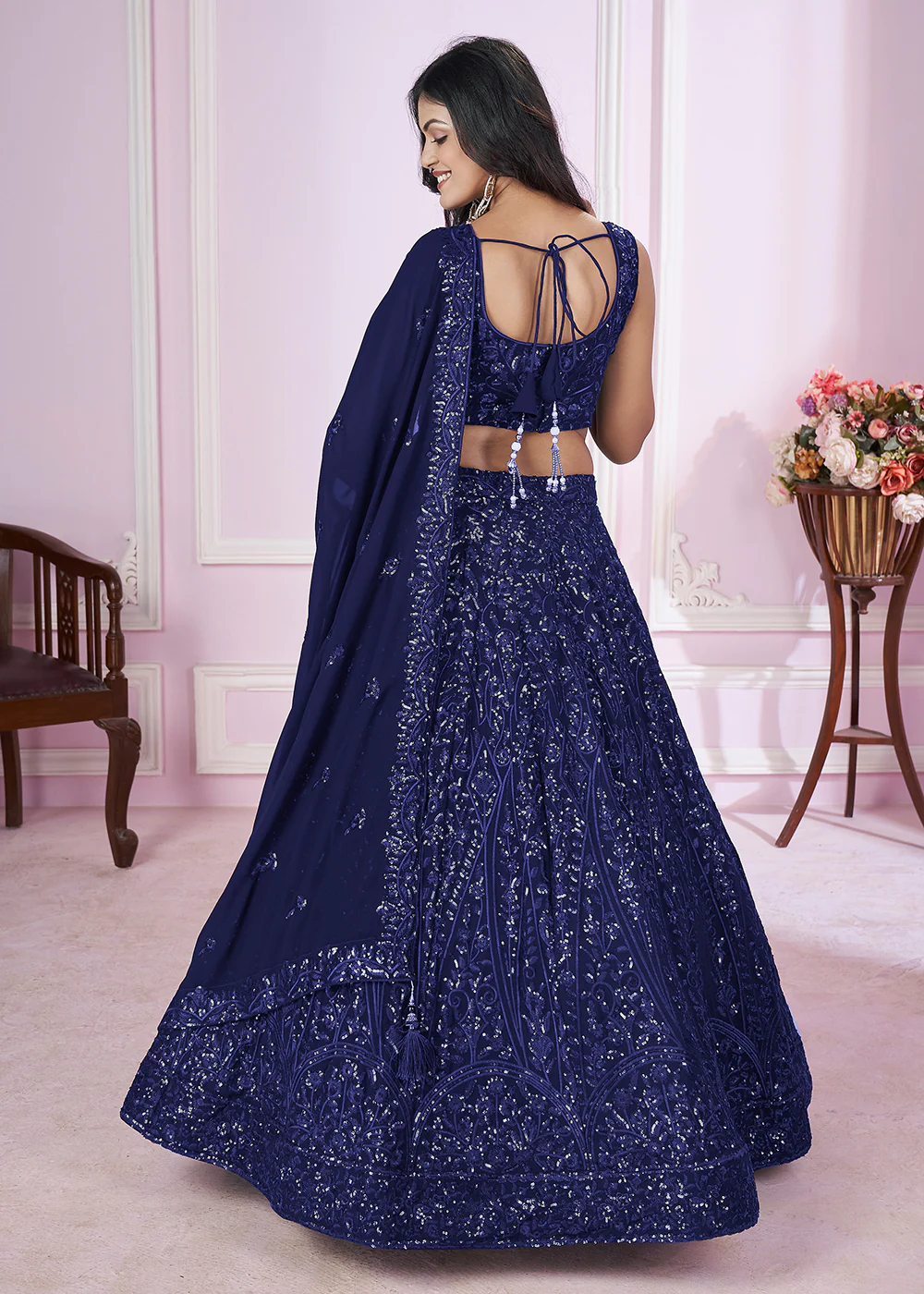 Georgette Embroidered Blue Color Reception Lehenga Choli - Image 3