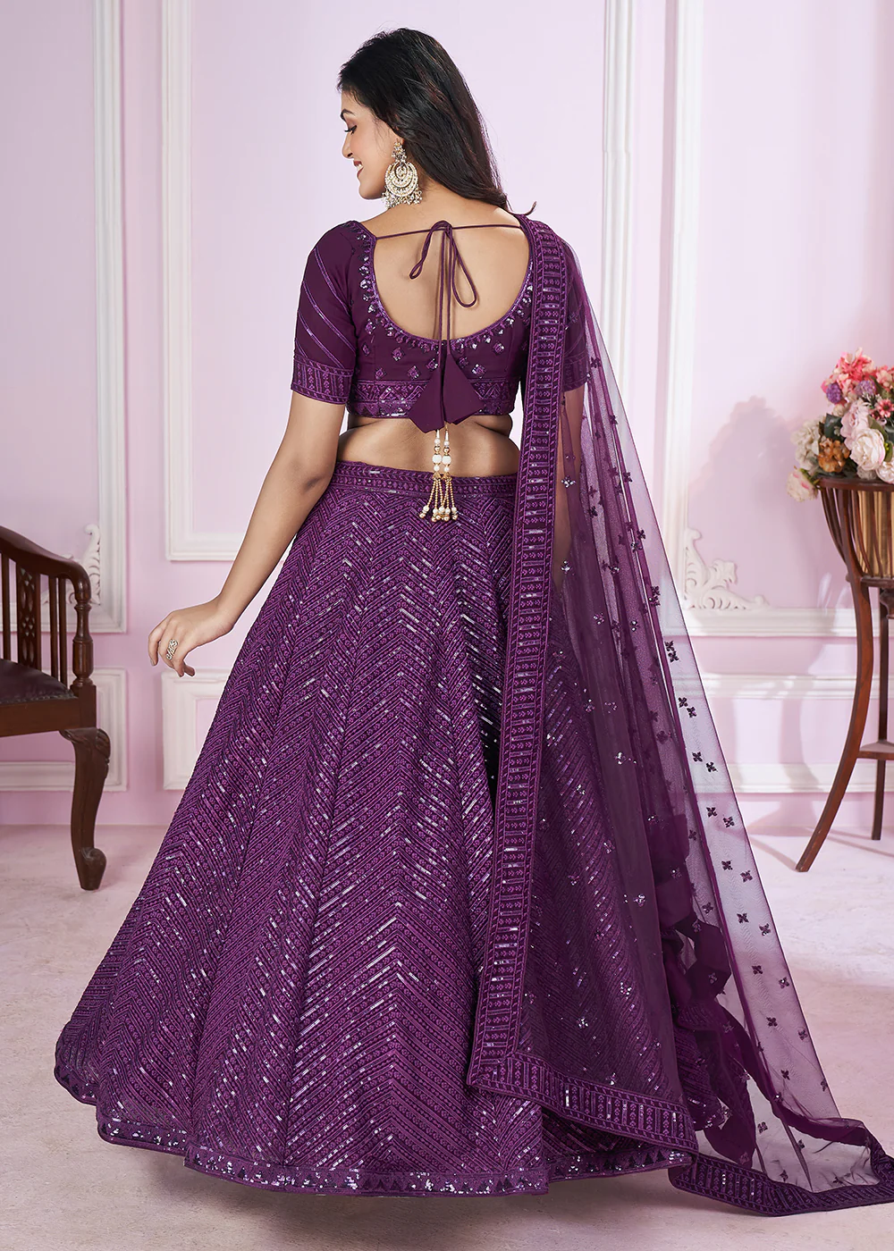 Georgette Embroidered Purple Color Bridesmaids Lehenga Choli - Image 3
