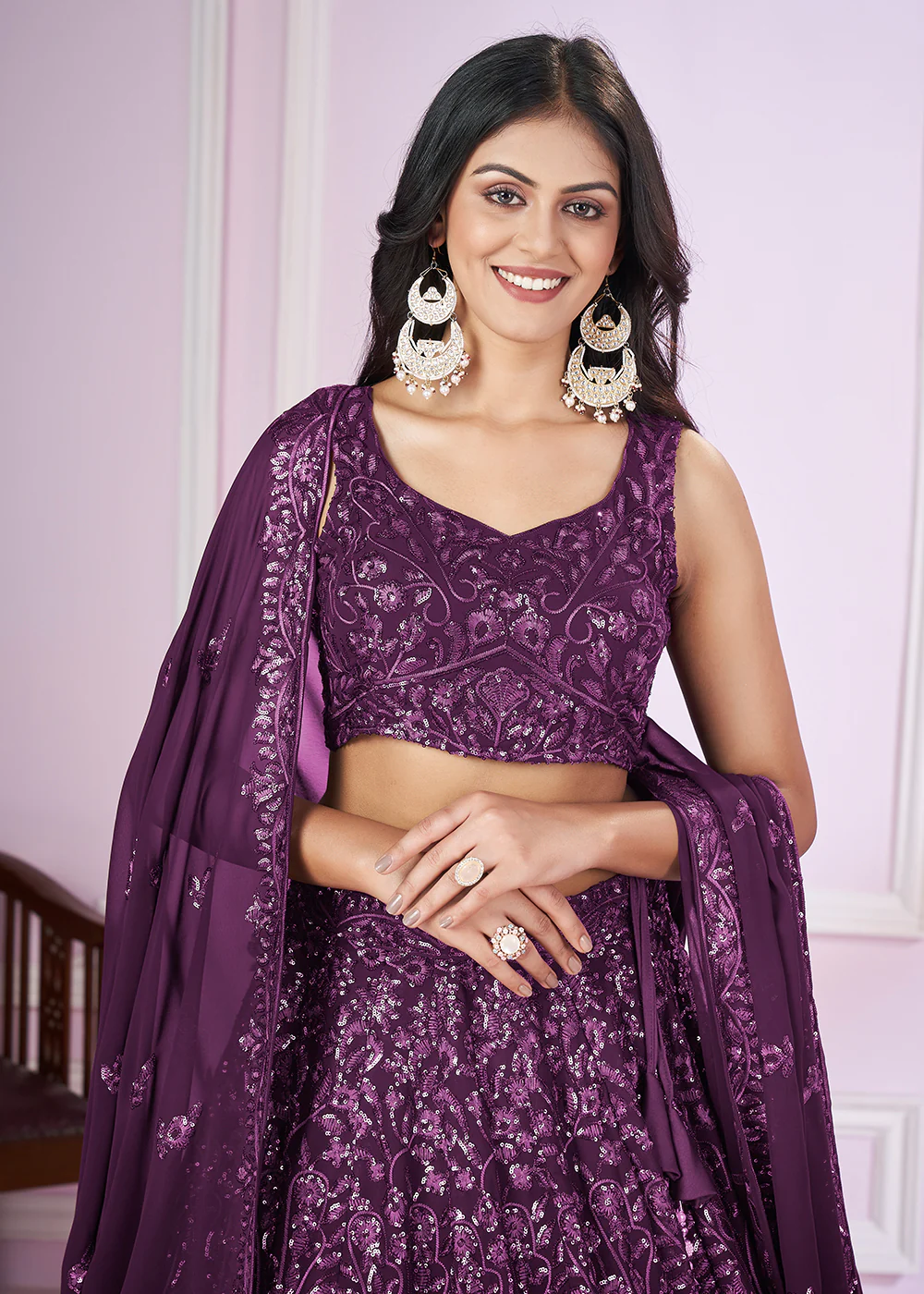 Georgette Embroidered Purple Color Reception Lehenga Choli - Image 2