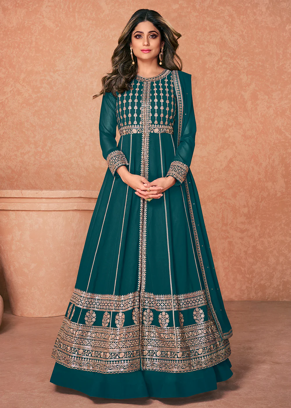 Georgette Embroidered Teal Blue Long Anarkali Gown