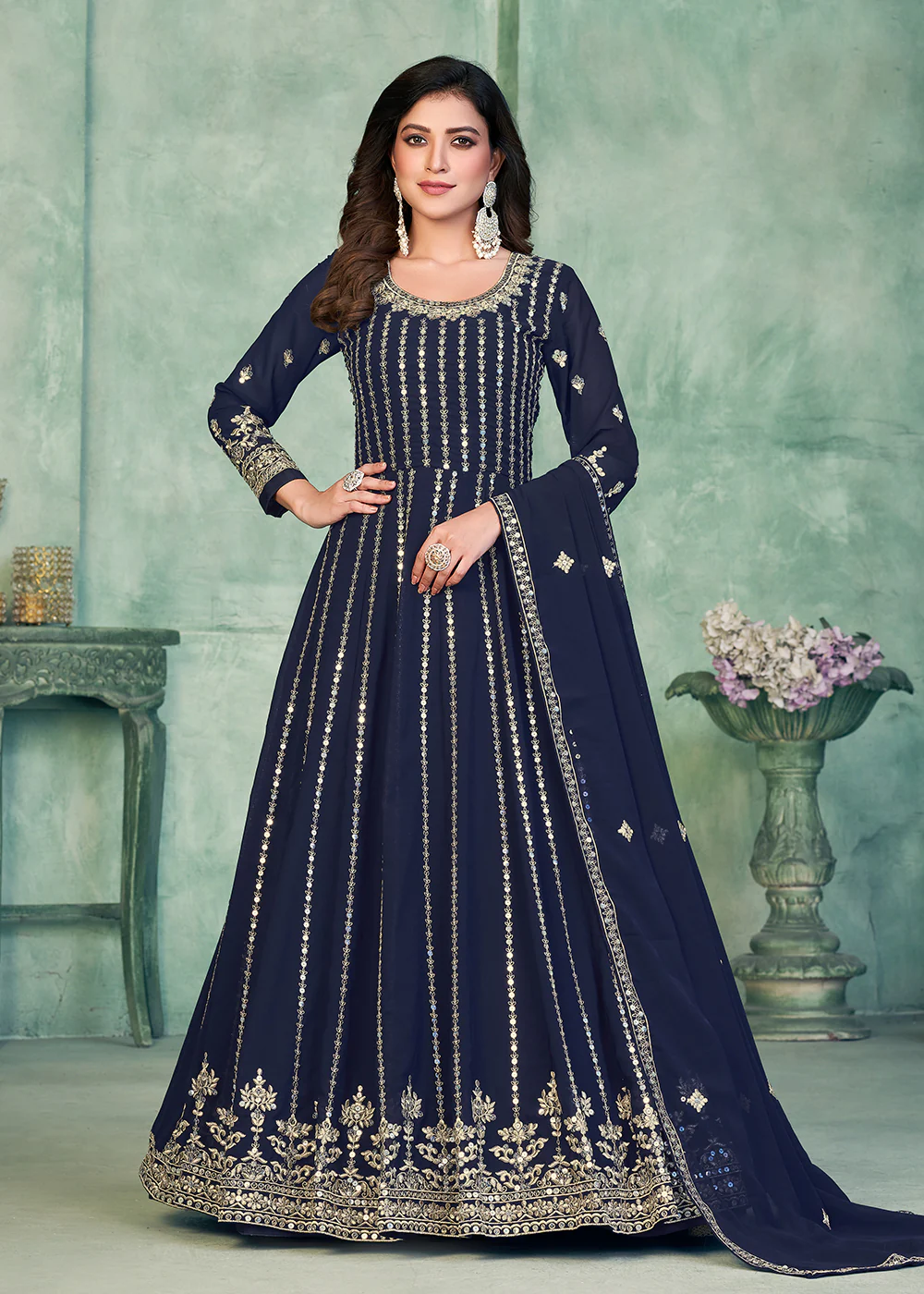 Georgette Fabric Blue Embroidered Wedding Party Anarkali Suit