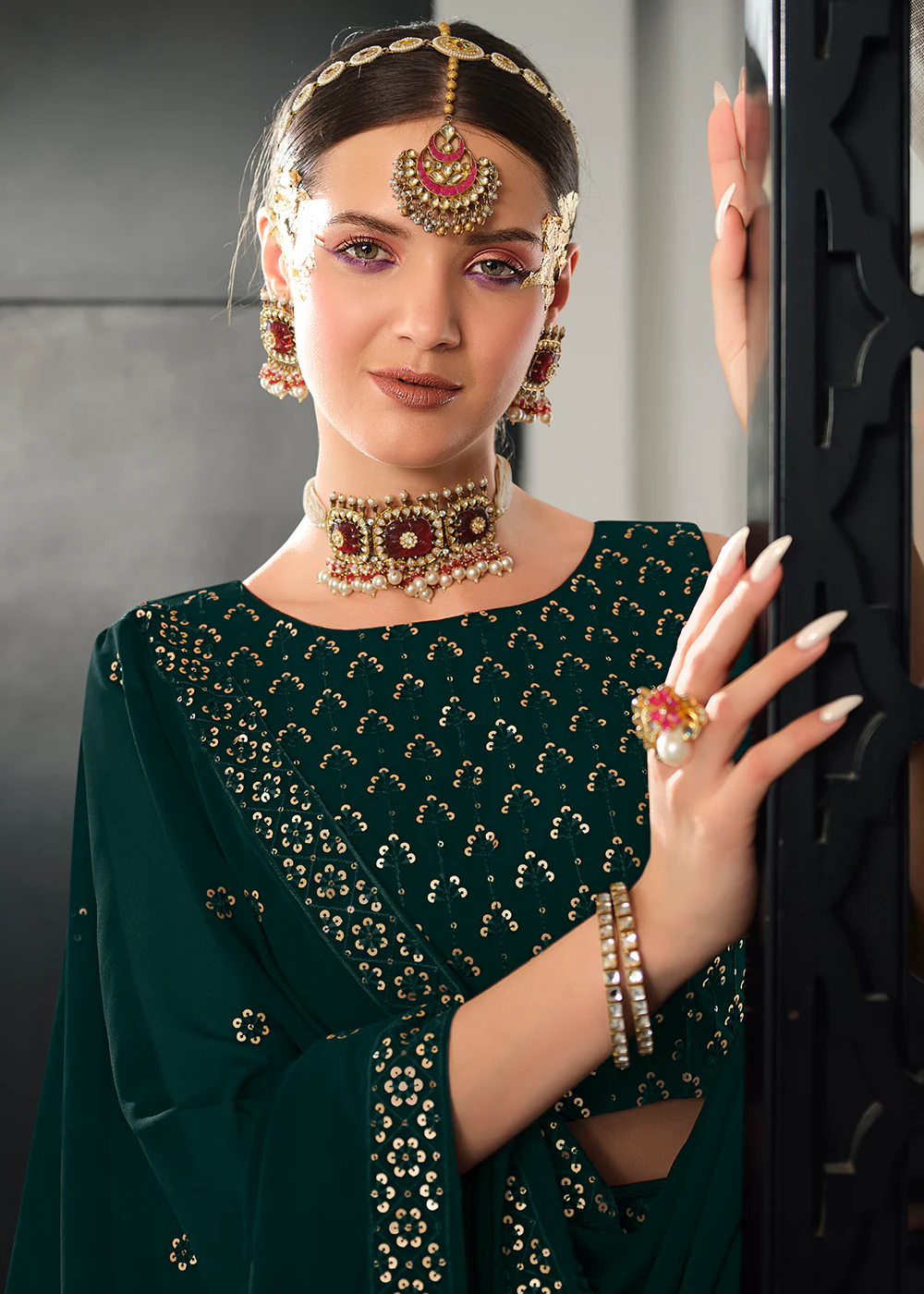 Georgette Fabric Classy Green Bridesmaid Lehenga Choli - Image 2
