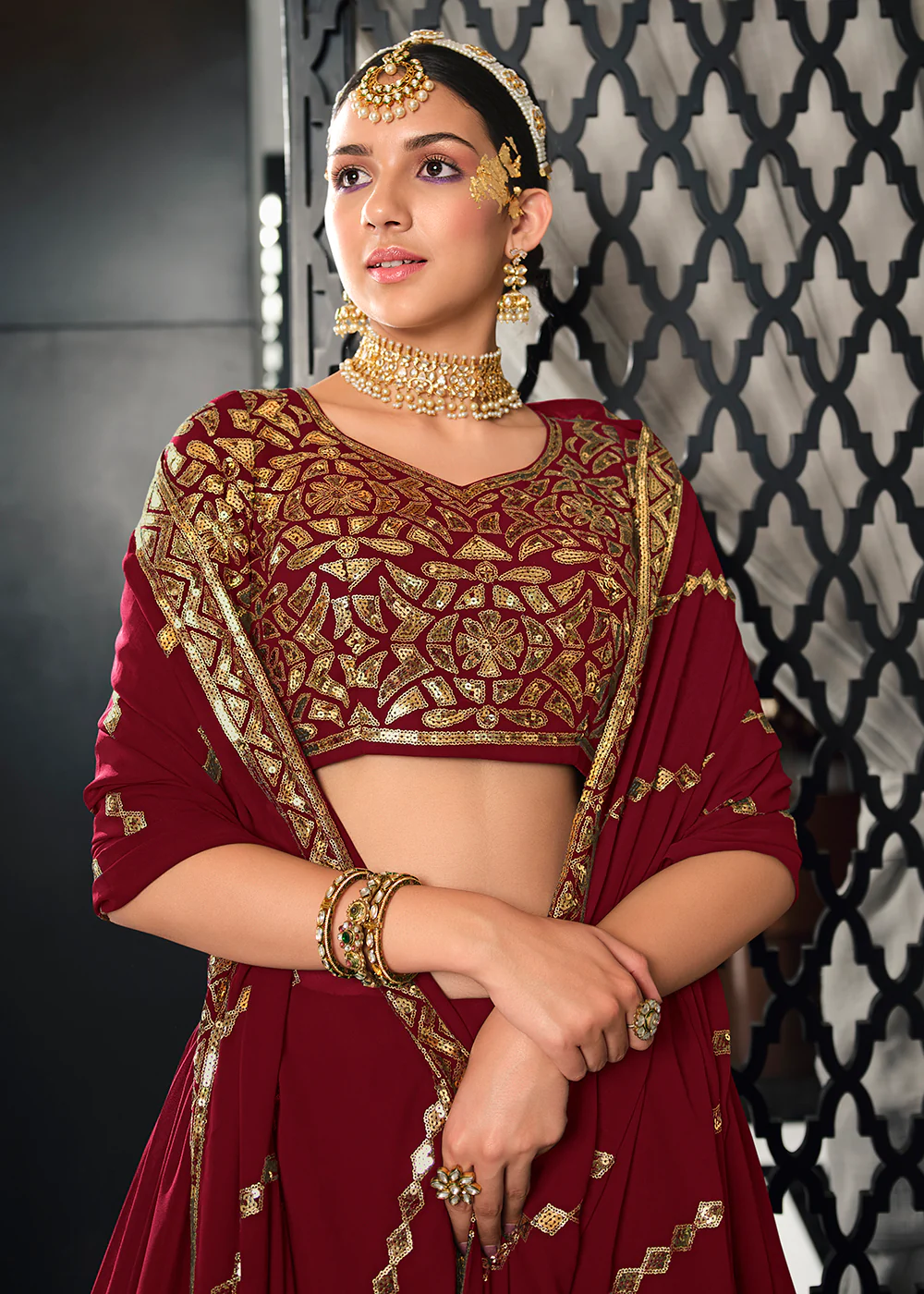 Georgette Fabric Creative Maroon Bridesmaid Lehenga Choli - Image 2