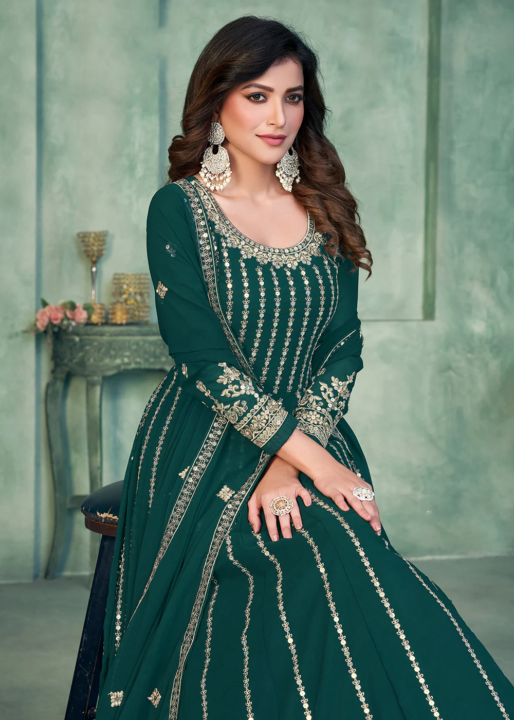 Georgette Fabric Green Embroidered Wedding Party Anarkali Suit - Image 2