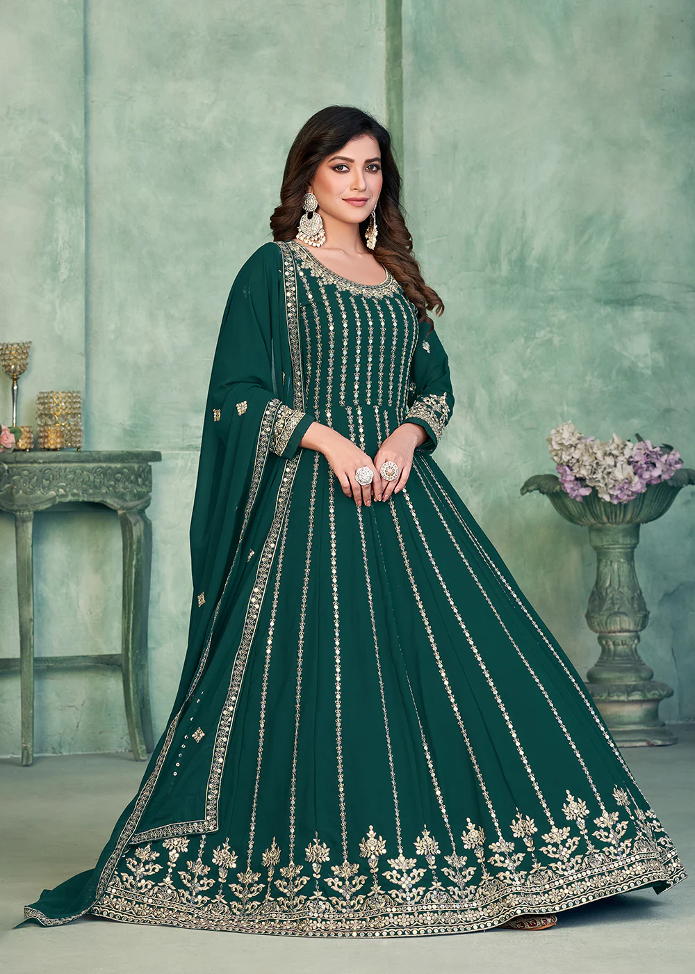 Georgette Fabric Green Embroidered Wedding Party Anarkali Suit - Image 3